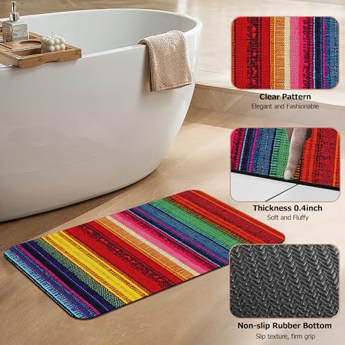 Mexican Bathroom Rugs,Bath Mats for Bathroom,Ethnic Stripes Rainbow Low Pile Absorbent Bath Mat,Rubber Backing Non Slip Washable Thin Quick Dry Door Mat 17x29.5 Inch - color: Mexican,ethnic Stripes Rainbow