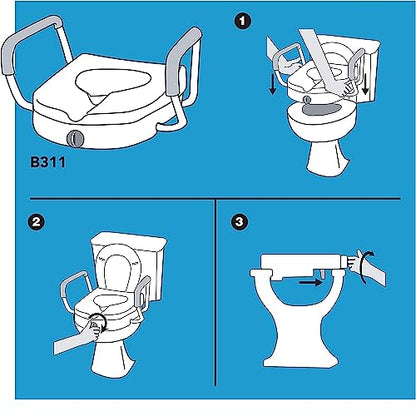 ProBasics E-Z Lock Raised Toilet Seat with Handles, 4.5" Toilet Seat Riser with Arms, Fits Most Elongated and Round Toilets, 17" Seat Width & Height, 19.25" Width Between Arms, White