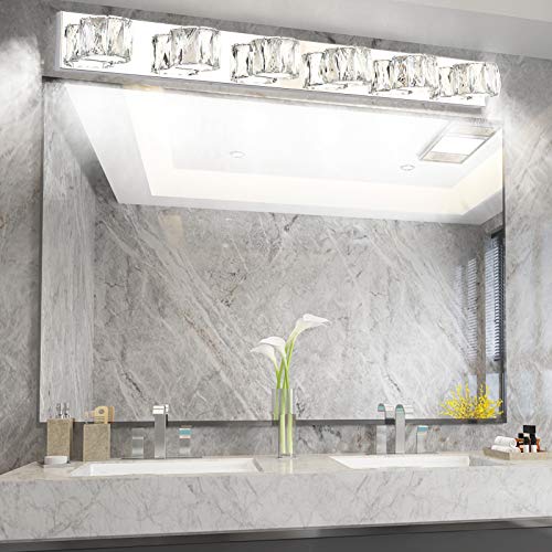 Aipsun 6 Lights 41in Crystal Vanity Lights Over Mirror Long Bathroom Lighting Fixture Modern LED Vanity Light for Bathroom,White Light 6000K - size: 6 light
