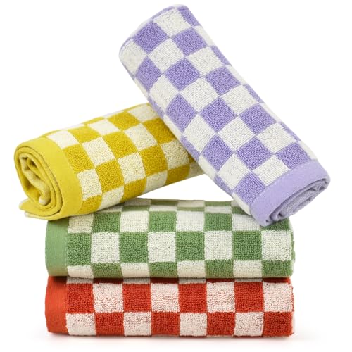 Jacquotha Wash Cloths Checkered 4 Pack 4 Colors | Cotton Washcloths for Face Body, 13 x 13 Inches Daily Cleansing Kitchen Towels - color: 4 Colors
