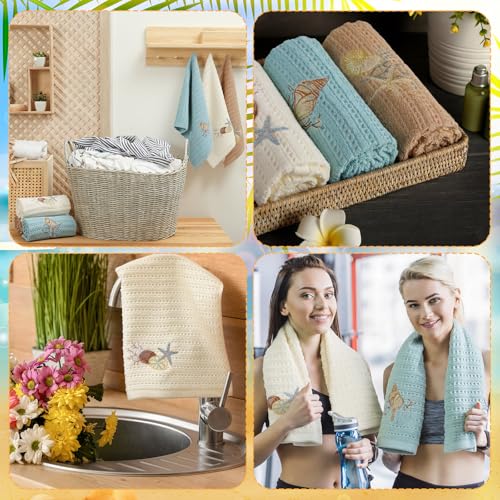 HunnmingRe 3 Pcs Coastal Waffle Hand Towels for Bathroom Farmhouse Embroidered Ocean Beach Nautical Finger Towels Sand Dollar Starfish 13.78 x 29.5 Inch Bath Decor for Summer Kitchen Spa Home - style: Coastal