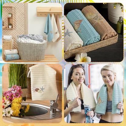 HunnmingRe 3 Pcs Coastal Waffle Hand Towels for Bathroom Farmhouse Embroidered Ocean Beach Nautical Finger Towels Sand Dollar Starfish 13.78 x 29.5 Inch Bath Decor for Summer Kitchen Spa Home - style: Coastal