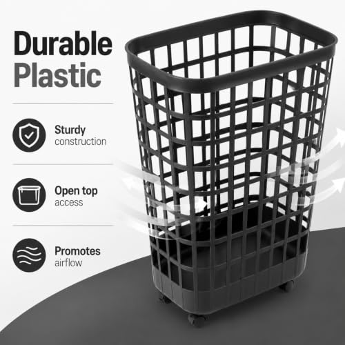 95L Large Plastic Laundry Hamper, Black, Slim Rectangular, Ventilated, Reinforced Handles,Tall Clothes Basket for Bathroom, Dorm, and Closet - size: 95L