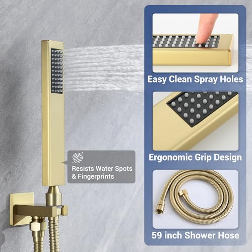 Thermostatic Dual Shower Head System, Brushed Gold Shower Faucet | 12 Inch Ceiling Rainfall Shower, 6 Inch Wall Mount Head, High Pressure Handheld Sprayer, Push Button Valve - color: Brushed Gold