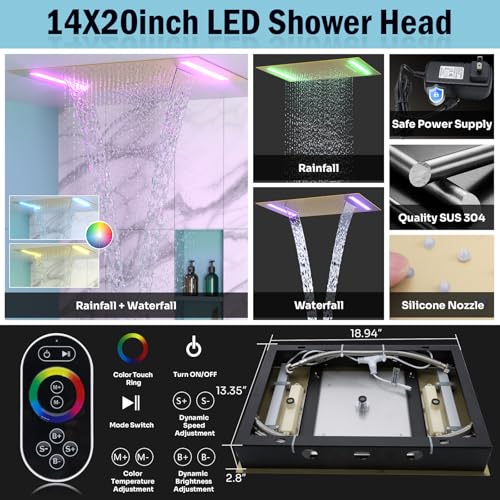 HOMEDEC Dual Shower System for Two, LED 14x20" & 6" Shower Heads, 4-Way Diverter Valves, Shower Faucet Set with Body Jets & Handheld, Brushed Gold - color: Brushed Gold