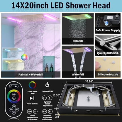 HOMEDEC Dual Shower System for Two, LED 14x20" & 6" Shower Heads, 4-Way Diverter Valves, Shower Faucet Set with Body Jets & Handheld, Brushed Gold - color: Brushed Gold