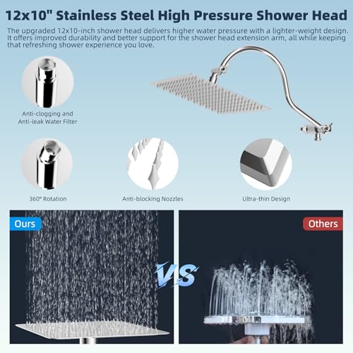 Hibbent 12'' All Metal CUPC Certified Shower Head, High Pressure Rainfall Shower Head, Handheld Showerhead Combo, 12'' Adjustable Shower Extension Arm, 10-Spray, 71'' Hose, Showerhead Holder, Chrome - color: Chrome, style: Square 12''