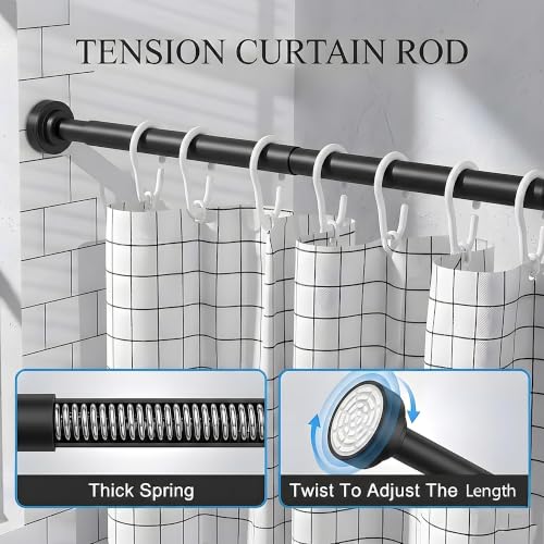 304 Stainless Steel Shower Curtain Rod, Adjustable Telescopic Tension Rod, Rustproof Bathroom Rod, No Drilling Expandable Curtain Rod 26''–46'' – Black + 80“ x 80” Shower Curtain - color: Black, size: 26"–46"