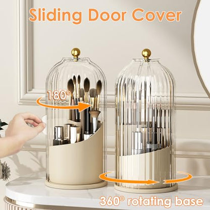 YOOLENS Makeup Brush Holder with Lid 360 Rotating Clear Dustproof Make Up Organizers for Vanity Bathroom Countertop, White Beige - color: White/Beige