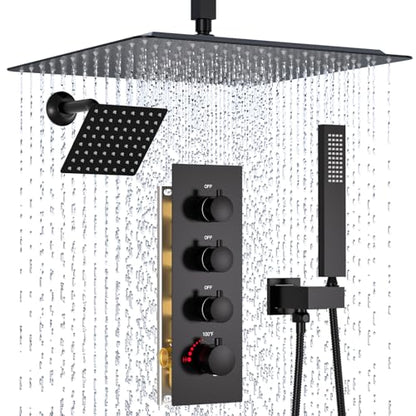Enga Thermostatic Dual Shower Heads System, 16" + 6" Dual Rain Shower System (Can All Run Together & Volume Adjustable) Dual Shower Head Combo Set, Matte Black - color: Matte Black, style: ‎16"+6" Head