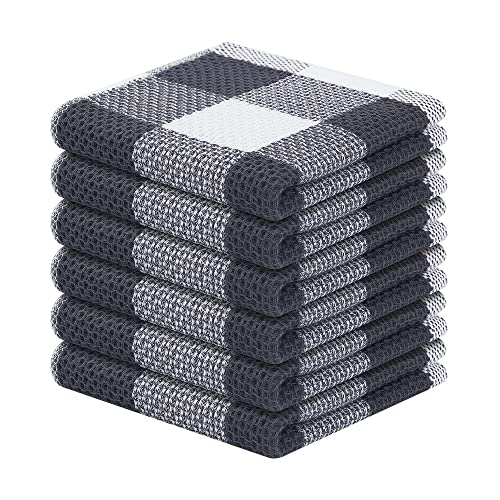 Homaxy Cotton Check 6 Pack Dish Cloths, 12" x 12", White & Dark Grey | Waffle Weave, Plaid, Super Soft and Absorbent Dish Rags, Quick Drying, Multi-Purpose - color: White & Dark Grey, size: 12 x 12 - 6 Pack