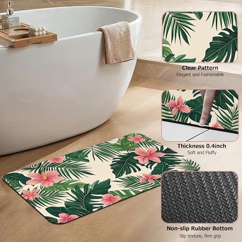 Tropical Leaves Bath Mat,Pink Flower Diatomaceous Earth Bath Mat,Rubber Backing Quick Dry Absorbent Washable Bathroom Rugs for Tub Non Slip 17"x29.5" - color: Tropical Leaves,pink Flower