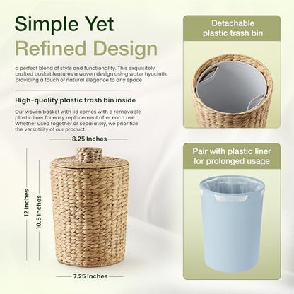 Tidita Water Hyacinth Bathroom Garbage Can with a Lid, 2 Gallon Capacity | Water Hyacinth, Iron Frame, Removable Liner, Compact, Handwoven Design, Boho Style, Kitchen, Bedroom, Office, No Assembly - color: Natural, size: 2 Gallons