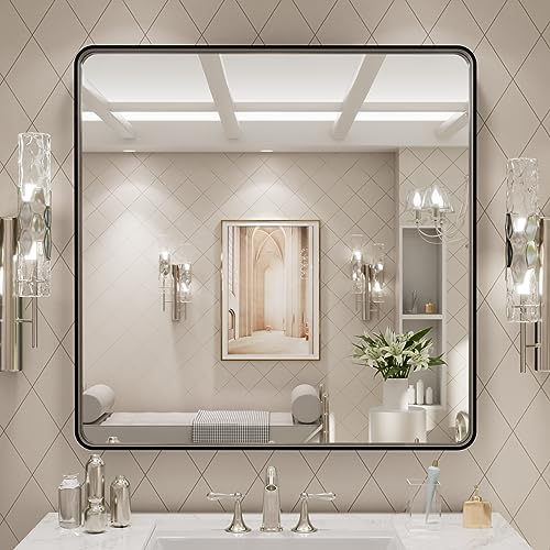 LOAAO 30x30 Inch Black Metal Framed Bathroom Mirror | Matte Black, Rounded Rectangle, Anti-Rust, Hangs Horizontally or Vertically - color: Black, size: 30"L x 30"W