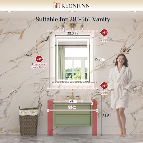 Keonjinn 28" x 36" Lighted Mirrors for Bathroom Wall, Safe Tempered Glass | Frontlit & Backlit, 3000K/4500K/6000K, Dimmable, Energy-Saving Power Driver, Anti-Fog, Smart LED Bathroom Mirror with Lights - size: 36"L x 28"W