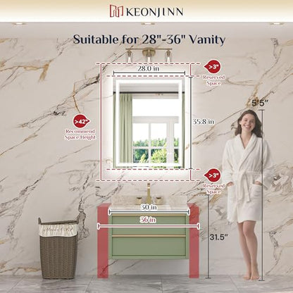 Keonjinn 28" x 36" Lighted Mirrors for Bathroom Wall, Safe Tempered Glass | Frontlit & Backlit, 3000K/4500K/6000K, Dimmable, Energy-Saving Power Driver, Anti-Fog, Smart LED Bathroom Mirror with Lights - size: 36"L x 28"W