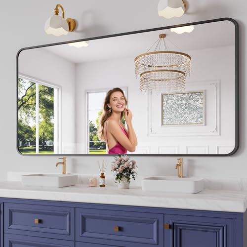 Koonmi Bathroom Mirror, 36X71 Brushed Black Rectangle Wall Mirror, HD Tempered Glass, Anti-Rust Frame Vanity Mirror, Rounded Rectangle Mirror for Restroom, Bedroom, Hangs Horizontal or Vertical - color: Rounded Edged, size: 71"L x 36"W