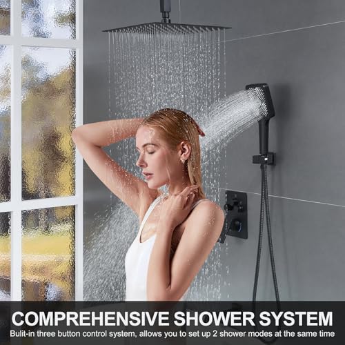 Bathtub Shower Faucet Set with Pressure Balance Valve, 12" Ceiling Mount Shower System with Tub Spout Multi-function Handheld Head Push Button Diverter Shower Trim Kit, Matte Black - color: Matte Black, style: 12"-Square-Tub-01