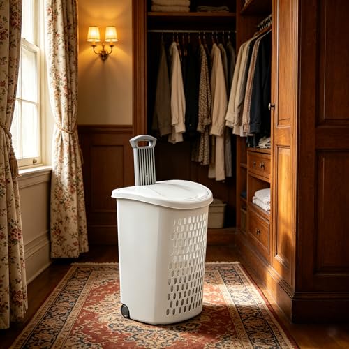 White Laundry Basket, Lid & Wheeled Plastic Laundry Hamper, Hamper with Retractable Handle, Rolling Laundry Hamper for Room, Bathroom, Dormitory, Bedroom
