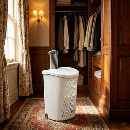 White Laundry Basket, Lid & Wheeled Plastic Laundry Hamper, Hamper with Retractable Handle, Rolling Laundry Hamper for Room, Bathroom, Dormitory, Bedroom