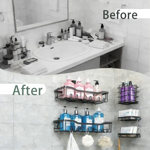 Durable Rustproof Shower Caddy 5 Pack, Stainless Steel Bathroom Storage Accessories, No Drilling Adhesive Shower Organizer, Hanging Bathroom Rack Shelves with Soap Razor Holder Set, Black