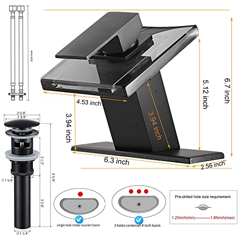 Bathroom Black Faucet Waterfall LED Glass Spout with Overflow Drain Stopper | Single Handle One Hole Deck Mount Modern Designer Basin Sink Faucet 3 Color Changing Battery Powered Lavatory Vanity - color: Black, style: LED with Drain