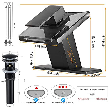 Bathroom Black Faucet Waterfall LED Glass Spout with Overflow Drain Stopper | Single Handle One Hole Deck Mount Modern Designer Basin Sink Faucet 3 Color Changing Battery Powered Lavatory Vanity - color: Black, style: LED with Drain