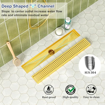 Neodrain 18" Linear Shower Drain, Gold 304 SS Bathroom Linear Drain,cUPC | Gold Shower Drain with Quadrato Grate& Adjustable Feet, Long Rectangle Shower Floor Drain in Bathroom, Balcony etc - color: Golden, size: 18 In