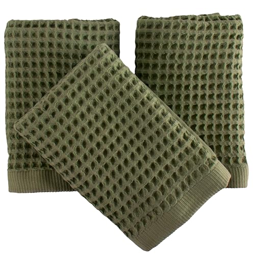 PÜSKÜL Natural 100% Turkish Cotton Waffle Hand and Kitchen Towels Set of 3 | Khaki Green, Large 32x16 inc, Honeycomb-Waffle weave towel for bathroom & kitchen. Premium quality oeko-tex made in Turkey. - color: Khaki Green, size: Kitchen & Hand Towels Pack