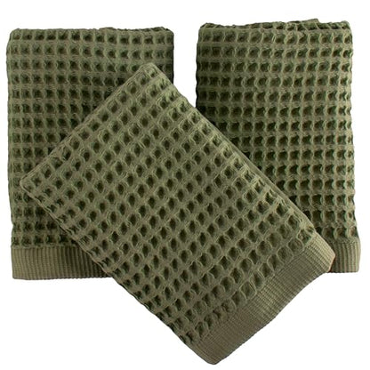 PÜSKÜL Natural 100% Turkish Cotton Waffle Hand and Kitchen Towels Set of 3 | Khaki Green, Large 32x16 inc, Honeycomb-Waffle weave towel for bathroom & kitchen. Premium quality oeko-tex made in Turkey. - color: Khaki Green, size: Kitchen & Hand Towels Pack