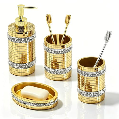 Gold Bathroom Accessories Set, Mosaic Decoration 4-piece Set | Deluxe gold mosaic bathroom 4-piece set,including soap dispenser,soap tray,toothbrush cup,partitioned toothbrush holder - size: 4 Pc Set