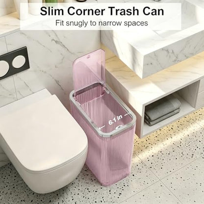 2-Pack Bathroom Trash Can with Lid – 2.6 Gallon / 10L Clear Waste Basket with Pop-Up Lid & Bag Ring – Slim Plastic Garbage Can for Bathroom, Bedroom, Office – Colorful Small Trash Can, Purple Pink - color: Pink