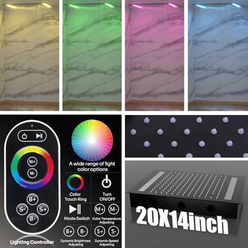 Enga Dual Rain Shower System with Up/Down Waterfall Bathtub Spout, Ceiling Mount 14 x 20 Inch LED Shower Head Rainfall Shower Faucet Set, Matte Black - color: Matte Black, style: 14X20" Led Shower - Tub Spout