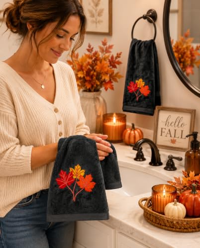 Serfina Home Harvest Fall Hand Guest Towels for Bathroom, Embroidered Grey Gray Autumn Leaf Design, 100% Cotton, 16" x 25" Inches, 2 Pc Set - color: Autumn Leaf Grey