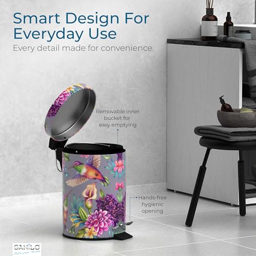 Sanilo Small Bathroom Trash Can with Lid [1.3 Gallon] - Lidded Tiny Trashcan for Garbage - Mini Metal Bin with Soft Closing Mechanism - Bath Room Accessoire Wastebin with Inner Bucket (Hummingbird) - color: Hummingbird