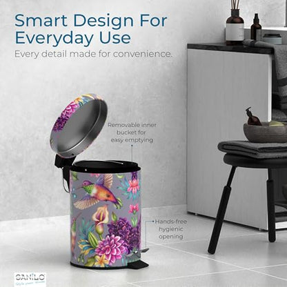 Sanilo Small Bathroom Trash Can with Lid [1.3 Gallon] - Lidded Tiny Trashcan for Garbage - Mini Metal Bin with Soft Closing Mechanism - Bath Room Accessoire Wastebin with Inner Bucket (Hummingbird) - color: Hummingbird