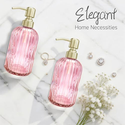 16 OZ Pink Glass Soap Dispenser,Clear Pink Stripe Bathroom Hand Soap Dispensers with Stainless Steel Gold Pump, Pink Kitchen Hand Soap Dispenser with Brushed Gold Pump - color: Pink+brushed Gold, size: 1-Pack