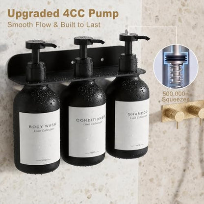 Refillable Shampoo and Conditioner Dispenser Set of 3 - Wall Mounted No Drill Pump with Bottles, 3 Chamber for Shower Soap and Body Wash Dispensers with Labels, Matte Black Bottle for Bathroom (16oz)