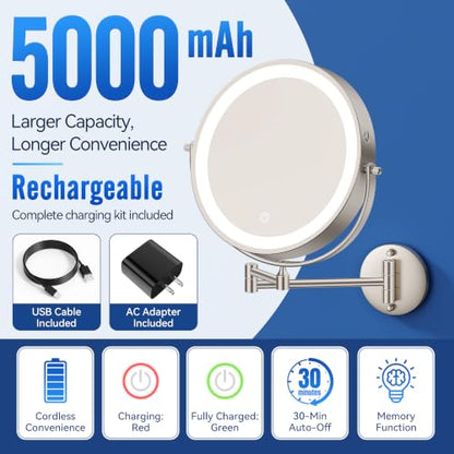 Auxmir 9″ 5000mAh 1X/30X Wall Mounted Lighted Magnifying Makeup Mirror | Power Adapter&2 Tweezers Included/ 3 Dimmable Colors/ Dual Sided Button Control/ Rechargeable/ 360° Rotation Extended Arm - color: 9'' 30x-nickel+adapter