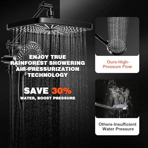 Black Shower Head with Handheld, Adjustable Rain Shower Head with Spray Combo, One-piece High Pressure Filtered Shower Head with Handheld, Built-in Magnetic Docking and Power Jets