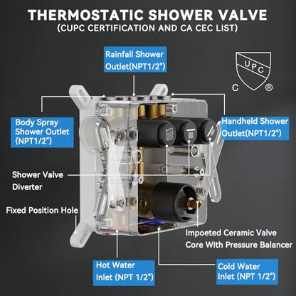Thermostatic Shower System with Body Jets, STARBATH 12" Rain Shower with 2 in 1 Handheld, Can Use All at Once, Ceiling Mount Complete Shower Faucet Set with Thermostatic Valve Trim Kit, Matte Black - color: Matte Black, size: 12"-02
