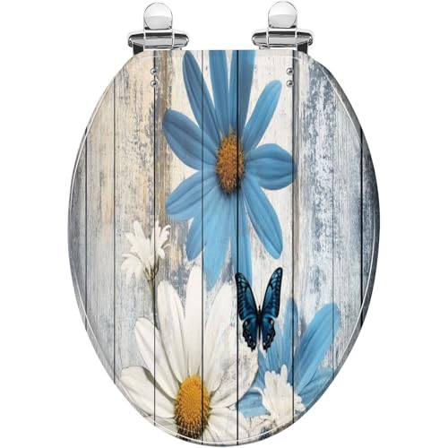 Elongated Resin Toilet Seat, Quietly Close Quick Release Hinges Cover | Toilet Lid Cover Easy to Clean and Install, Flower Shower Daisy Wild Rustic Floral Blue Butterfly Heavy Duty Toilet Seat - color: pattern10, size: V-shape