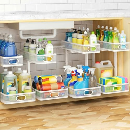 Under Sink Organizer 4-Pack, Metal 2-Tier Pull-Out Cabinet Shelf with Slide-Out Mesh Drawers, Height Adjustable, Space-Saving Storage Racks for Kitchen, Bathroom, Laundry Room, White - color: White-4 Pack