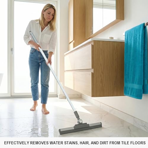 Floor Squeegee Broom - 52" Long Handle Rubber Scrubber for Bathroom, Tile, Shower, Glass, Pet Hair, Hardwood Floor - Adjustable Long Handle, Water Wiper with Replacement Blade (White) - color: White