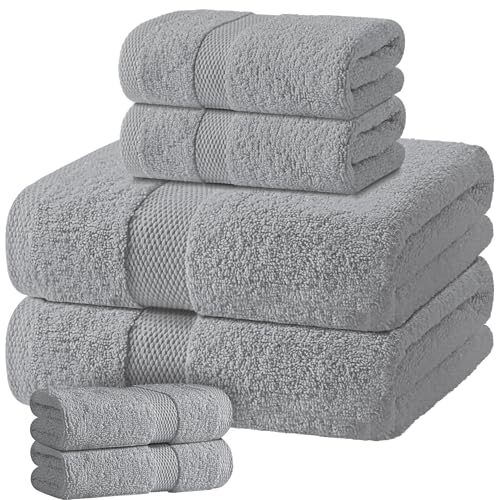 Light Gray Bath Towel Set of 6 - 100% Cotton Highly Absorbent Towels for Bathroom, 2 Luxury Bath Towels 650GSM, 2 Hand Towels, 2 Washcloths - color: Light Gray