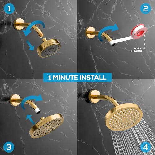 SparkPod Rain Shower Head, 6 Inch Round, Egyptian Gold Finish | High Pressure Shower Heads, 90 Nozzles, Adjustable Showerhead, No Tools Needed, Universal Connection - color: Egyptian Gold, style: 6 Inch Round