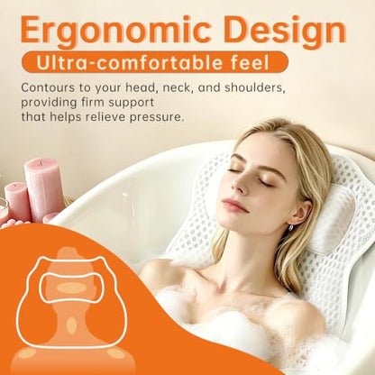 Bath Pillow for Tub,48 Non-Slip Suction Cups,Soft 4D Breathable Air Mesh | Ergonomic,Head,Neck and Back Support,Suitable for hot tub,jacuzzi,spa,Quick-dry non-slip.Machine washable,Bath Gifts,Gray - color: White