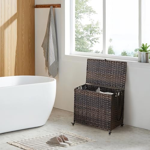 Laundry Hamper with Wheels, 34.3 Gallon(130L) Rolling Laundry Basket with Lid, Removable Large 2 Color Liners & 3 Mesh Laundry Bags, Clothes Hamper with Side Pocket, Brown - color: Brown, size: 23.62"L x 15.75"W x 21.65"H