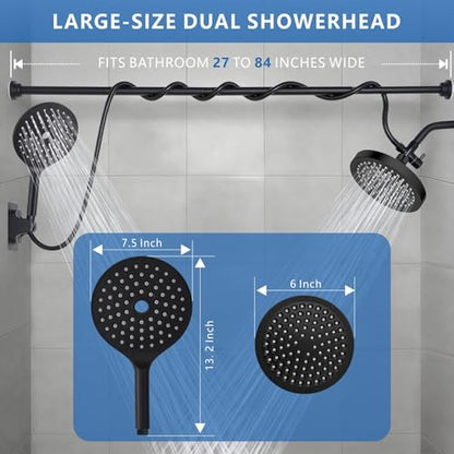 Dual Shower Head for Couples, 6" Fixed Rain Showerhead with 7.5" Large Handheld Shower Double Set, Renter-Friendly, Tandem Shower, SPA-Like, Gift for Women Men, Matte Black - color: Matte Black