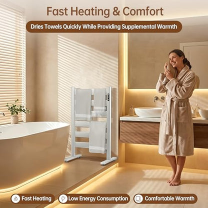 6-Bar Freestanding Heated Towel Warmer with PTC Fast Heating | 170°F Adjustable Temperature, 2-12H Timer & Memory Function, Freestanding Design, Wide Bar Rack for Towels, Matte White - color: White